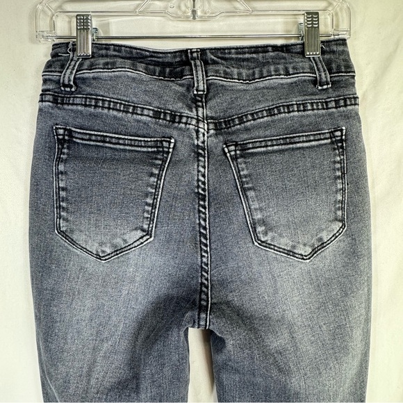 Women’s Retro High Rise Button-Fly Slim Leg Flare Distressed Faded Black Jeans - Picture 8 of 8